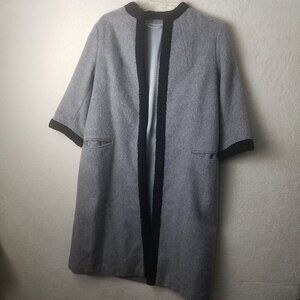 Vintage gray wool blend midlength women's overcoat 3/4 sleeve black trim handmad